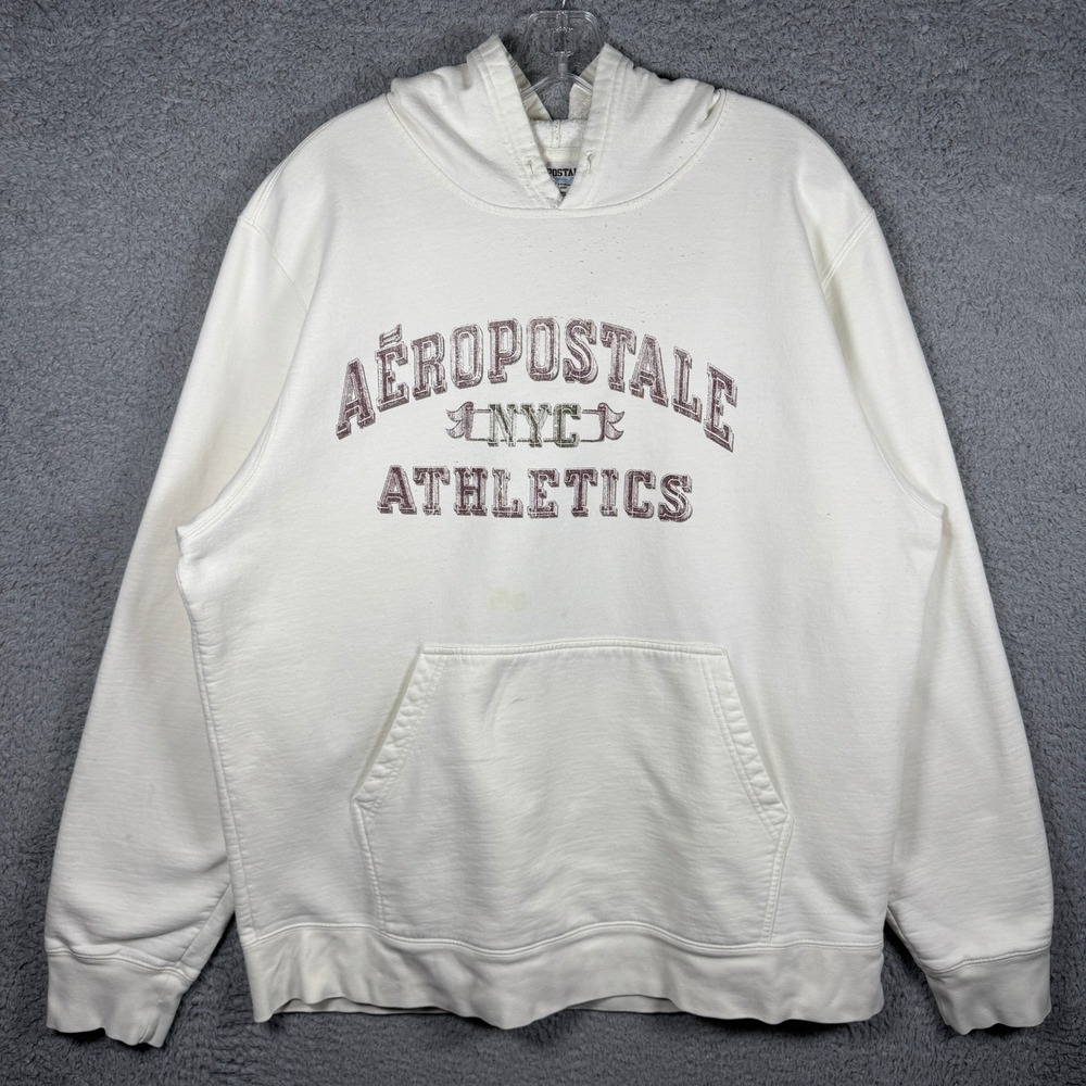 Aeropostale Athletics Mens XL Cream White NYC Pullover Hoodie Vintage Style